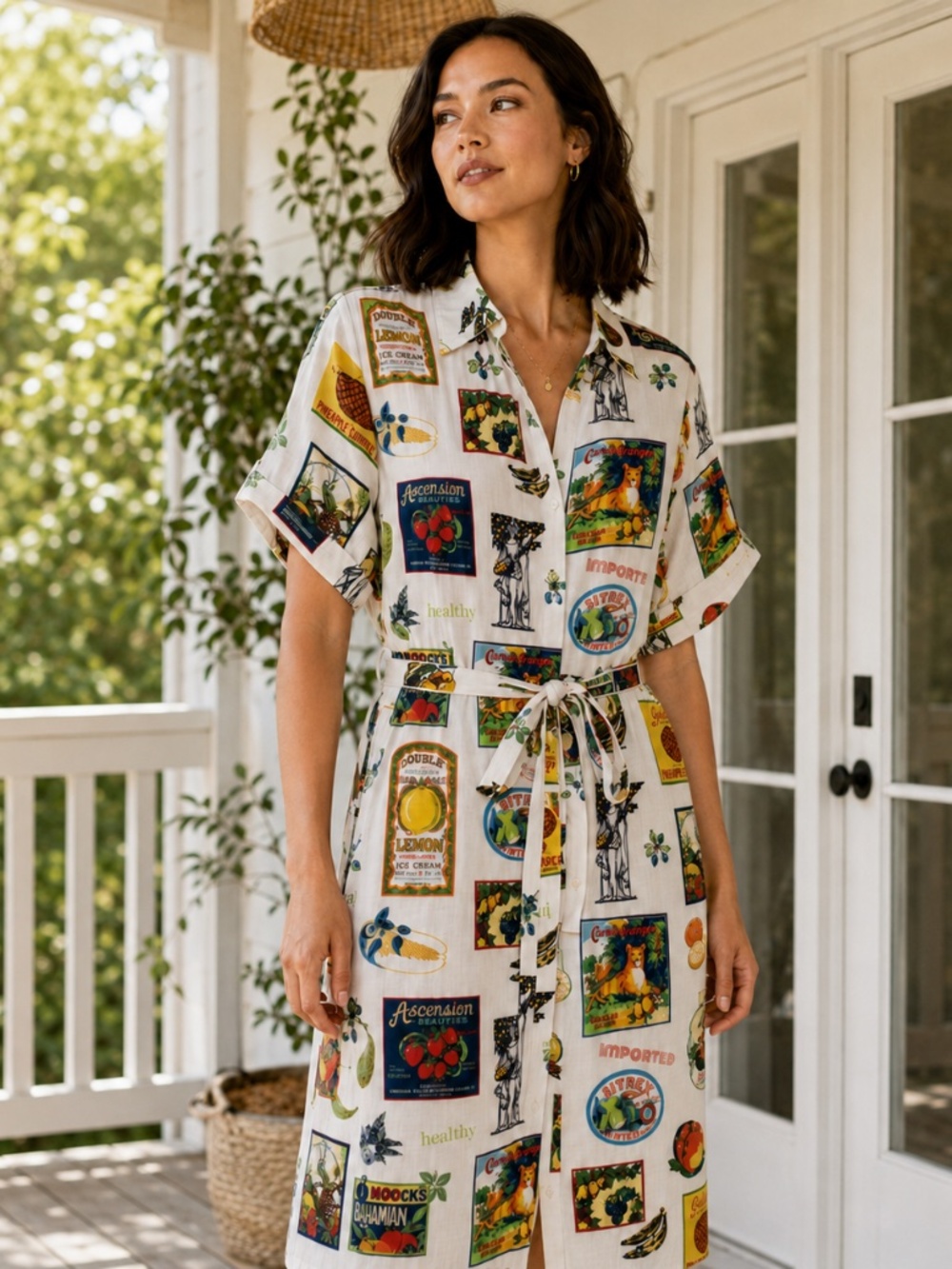 Jane & Delancey Linen Blend Belted Shirt Dress Vintage Fruit Label Print S